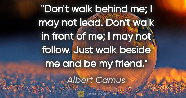 Albert Camus quote: "Don't walk behind me; I may not lead. Don't walk in front of..."