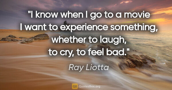 Ray Liotta quote: "I know when I go to a movie I want to experience something,..."