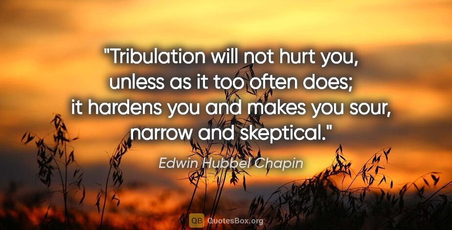 Edwin Hubbel Chapin quote: "Tribulation will not hurt you, unless as it too often does; it..."