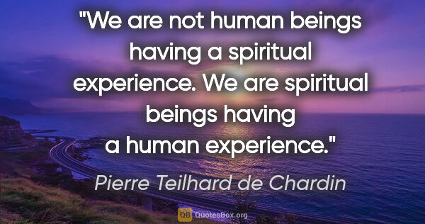 Pierre Teilhard de Chardin quote: "We are not human beings having a spiritual experience. We are..."